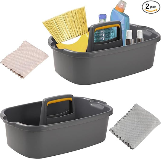 Cleaning Supplies Caddy Organizer with Handle Plastic Tool Storage Basket for bathroom, Kitchen, Under Sink,2 Pack with 2Pack Microfiber Cleaning Cloths,Gray