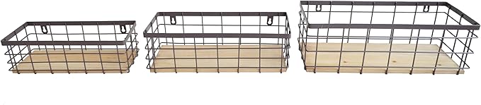 Metal Wire Basket Detachable Wood Base Storage Organizer Farmhouse Bin for Kitchen Cabinets, Bathroom, Pantry, Laundry Room, Closets Set of 3,Brown Color