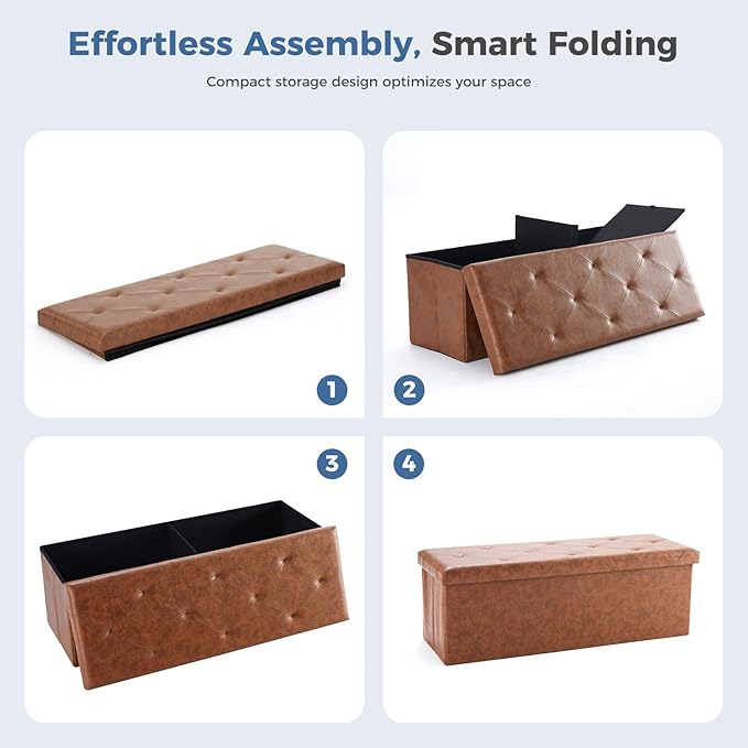 DUMOS Foldable Storage Ottoman Bench 43in, Foot Rest Stool, Synthetic Leather Storage Chest with Thicker Foam Padded Seat for Entryway Living Room, Modern Brown
