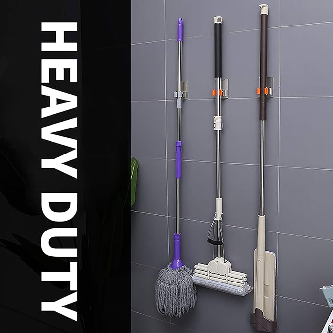 Broom and Mop Holder Wall Mounted, Stainless Steel Self Adhesive Single Broom Hanger Hook, Heavy Duty Organizer Rack, V-Shape Orange, 4 Pack