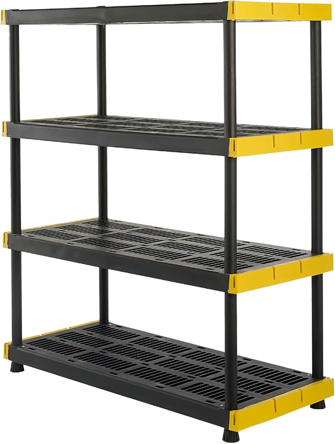BLACK & YELLOW, 4-Tier Heavy Duty Plastic Storage Shelving Unit, 200lbs/shelf (55"H x 48"W x 20"D), for Indoor/Outdoor Organization, Modular Rack-NeatNest