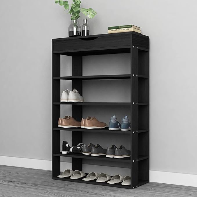 soges 5-Tier Wooden Shoe Rack with Storage Cabinet, 29.5 inches Vertical Free Standing Shoe Shelf, Shoe Organizer Storage Cabinet for Entryway, Living Room, Hallway, Doorway, Black-NeatNest