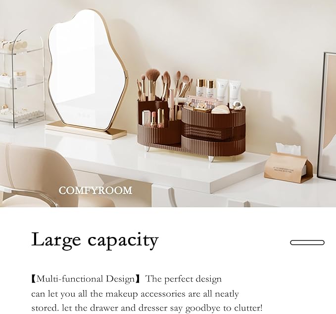 Rotating Makeup Organizer for Vanity with Brush Holder and Drawer, 3 Layer Cosmetic Makeup Storage, Large Makeup Skincare Organizer, Countertop Makeup Perfume Organizer, Lotions Display Case (Brown)