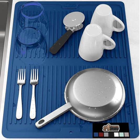 GORILLA GRIP 100% BPA-Free Patented Silicone Dish Drying Mat for Kitchen Counter, 18x24 Inch, Water Catching Ribbed Design, Easy Clean Waterproof Sink Liner, Heat Resistant, Fits Under Rack, Blue