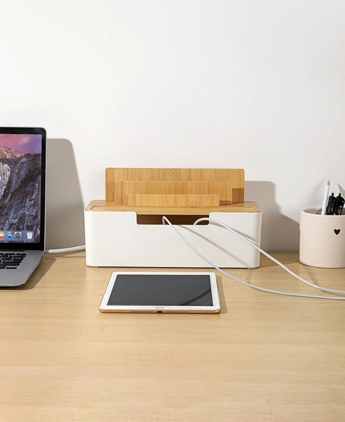 Cable Management Box with Wooden Lid, Multi-Device Organizer for Phones/Tablets/Smartwatches, Desktop Cord Organizer for Tidy Workspace (White)