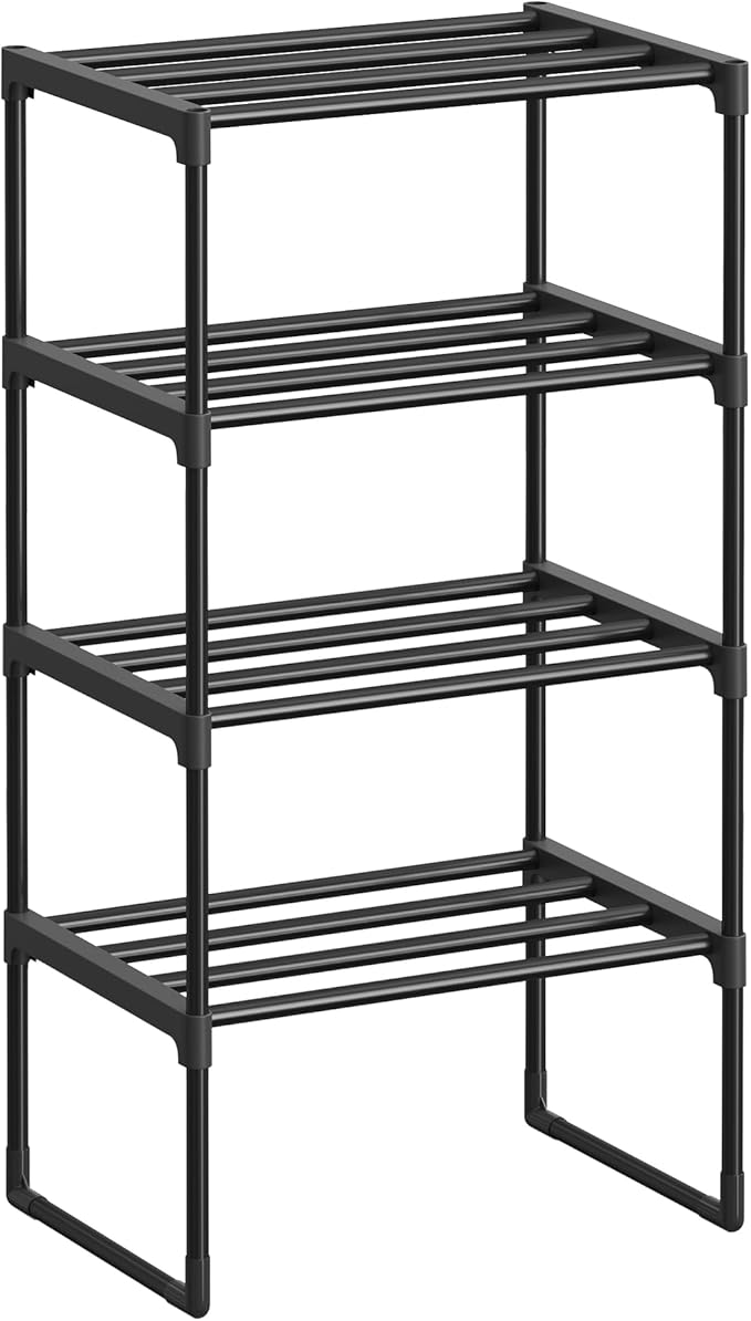 SONGMICS Shoe Rack, 4-Tier Shoe Organizer, Metal Storage Shelf, Upright or Upside Down, for 5-10 Pairs, Stackable, for Entryway, 11.8 x 16.7 x 28.2 Inches, Black ULSA004B01-NeatNest