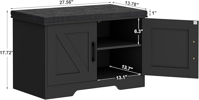 2-Tier Storage Bench, Shoe Bench with Padded Seat Cushion, Entryway Bench with 2 Barn Doors, Adjustable Shelf, 13.8" D x 27.6" W x 17.7" H, for Entryway, Living Room, Bedroom, Black-NeatNest