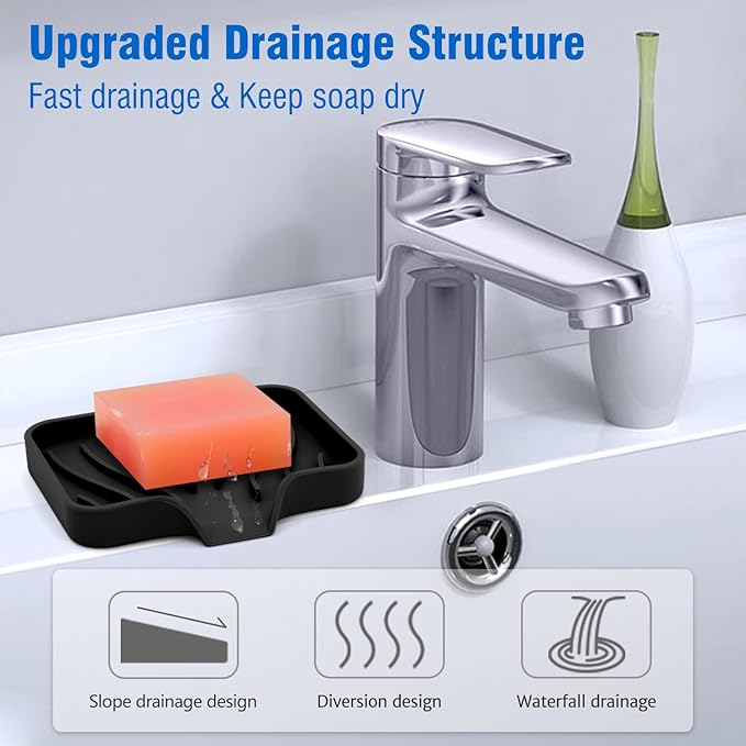 3-Pack Silicone Soap Dish, Bar Soap Holder, Soap Dishes for Bar Soap, Easy to Clean, Self Draining Soap Tray for Shower, Bathroom, Kitchen, Bathtub, Keep Soap Dry, Save Soap (Black)-NeatNest