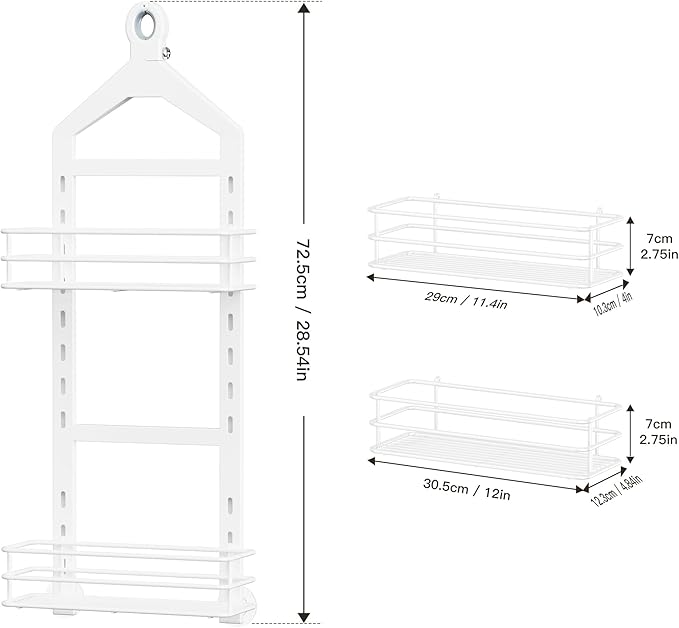 Orimade Adjustable Anti-slip Shower Caddy Over Shower Head, Rustproof Bathroom Hanging Shower Organizer With 2 Hooks for Razor, 2 Tier Shelves Storage Rack, White