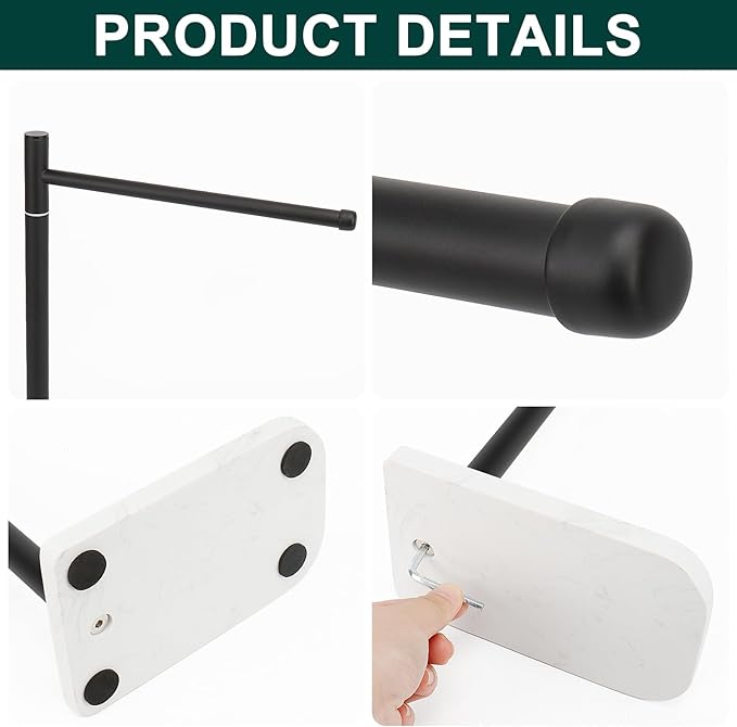 Hand Towel Holder, L-Shape Hand Towel Stand with Marble Base, Stainless Steel Swivel Hand Towel Rack Standing Towel Bar for Bathroom Kitchen Countertop, 1 Arm (Matte Black)