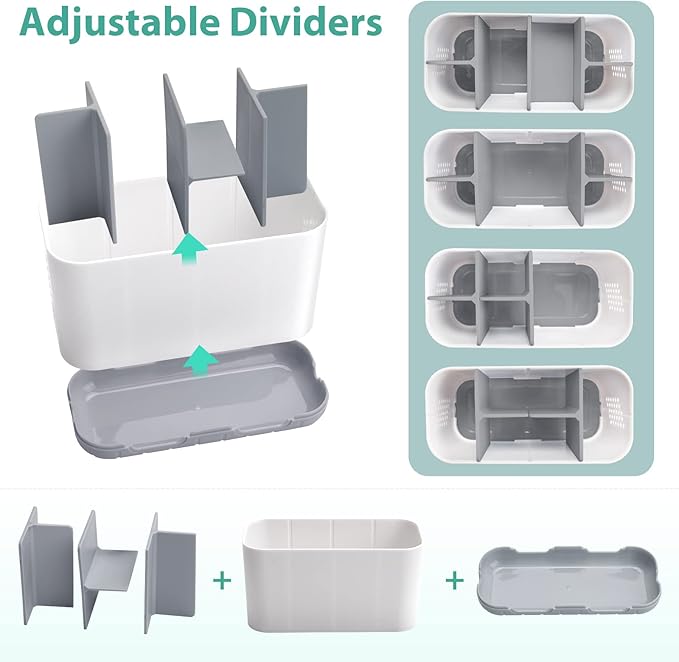 Boperzi Toothbrush and Toothpaste Holder Drainage for Bathroom Countertop with Adjustable Dividers, Large Toothpaste Caddy Organizer Storage Rustic Decor Set Anti-Slip for Shower,Family,Kids Gray-NeatNest