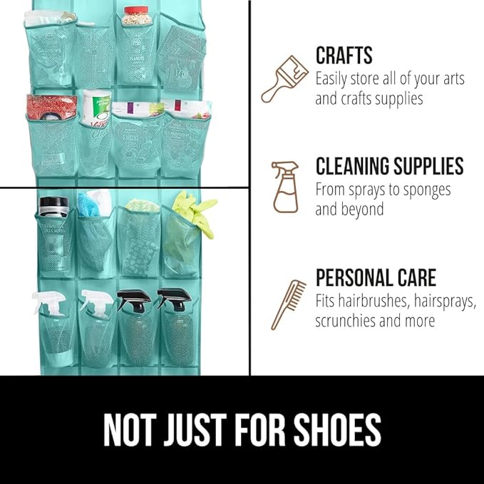 GORILLA GRIP Over the Door Shoe Organizer, 24 Large Breathable Mesh Pockets, Space Saving Hanging Storage Holder, Closet Rack Hanger Holds Up to 40 lbs, Hangs on Closets, Shoes, Accessories, Turquoise-NeatNest
