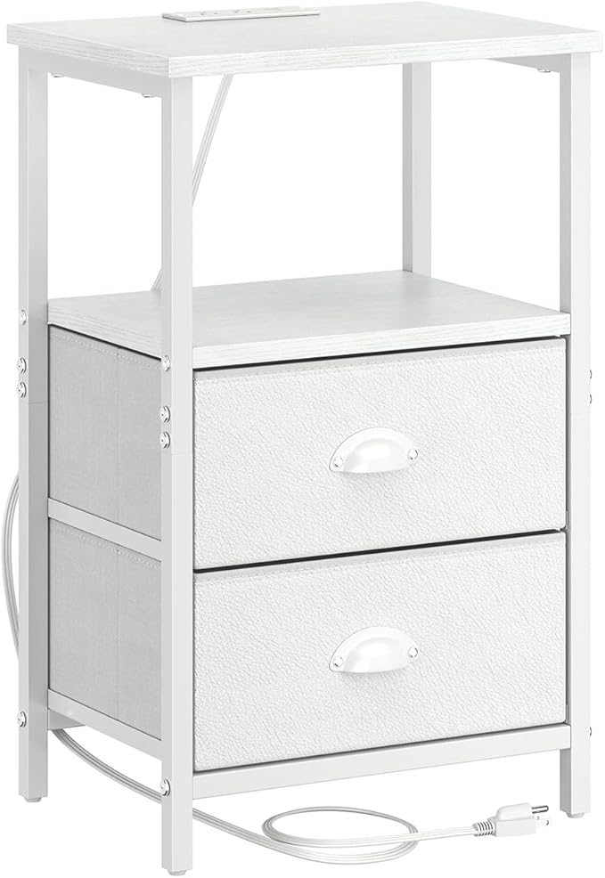 Nightstand with Charging Station, LED Night Stand with 2 Fabric Drawers PU Finish, Bedside Tables End Table with LED Light, 3-Tier Storage Side Table Nightstand with Drawers for Bedroom,White