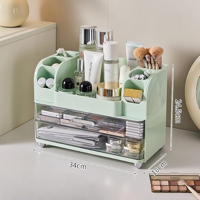 Makeup Organizer with 2 Drawers, Cosmetic Display Case, Storage Holder for Vanity, Bathroom Counter, Desk, Beauty Supplies (Green)