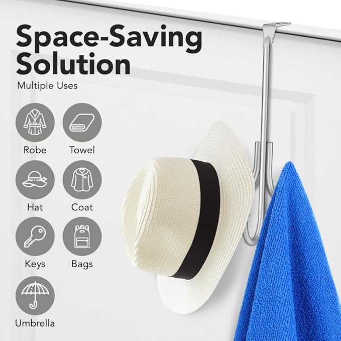 2-Pack Over The Door Hook - with 3 Hang Heads & Snug Fit Pads- 2Pcs Heavy Duty Hooks for Hanging Coats, Towels, Caps & Robes - Elegant Matt Finish - No Drill Hanger Organizer - Silver