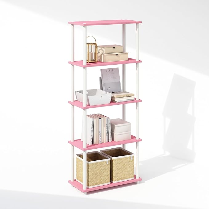 Furinno Turn-N-Tube 5-Tier Multipurpose Compact Bookcase, Pink/White-NeatNest