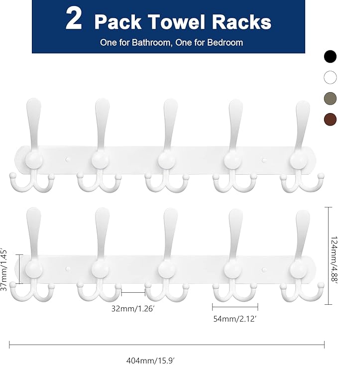 NearMoon Coat Rack Wall Mounted-2 Pack, Heavy Duty Bath Towel Hooks Stainless Steel Robe Hooks Holder, Metal Coat Hook for Towel Coat Hat Key Bathroom Bedroom Hotel Entryway (5 Hooks, White)