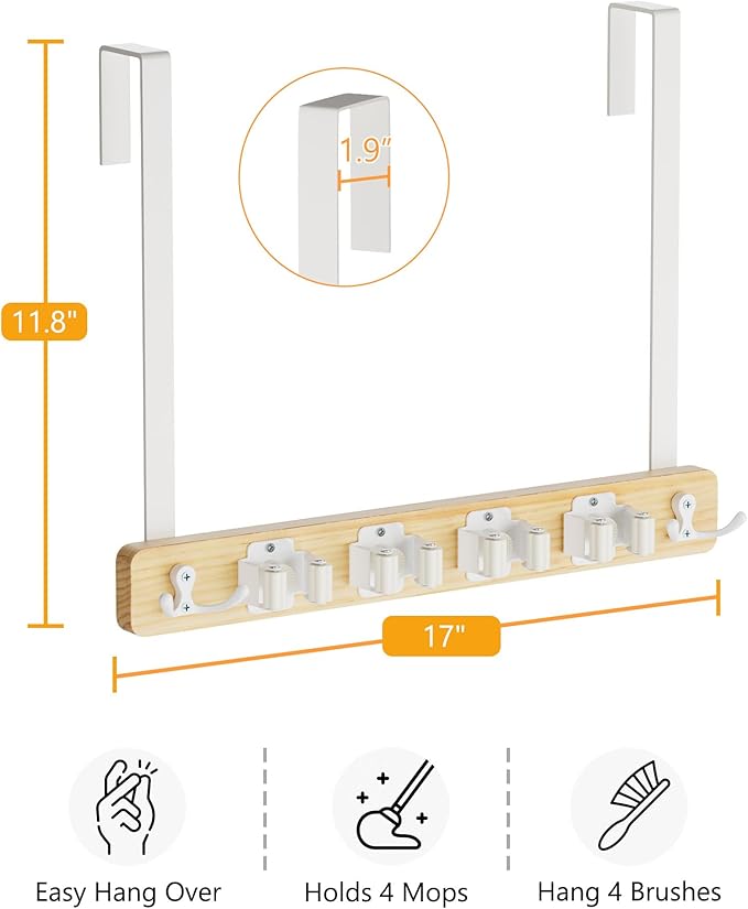 Lorbro Broom Holder Door Mount, Over the Door Broom and Mop Holder with 2 Over Door Hooks, Wood Broom Hanger, Tool Rack Organizer for Laundry, Garage, Closet, Kitchen Decor, 4 Slots & 4 Hooks Rustic