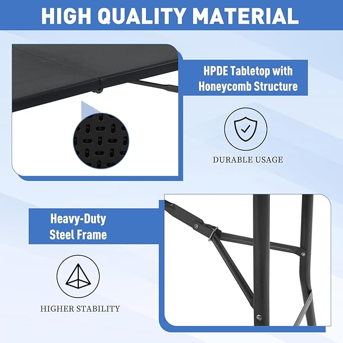 6ft Folding Table, Heavy Duty Foldable Table with Handle, Portable Fold-in-Half Utility Tables for Indoor & Outdoor Use Perfect for Camping BBQ Party Wedding Market Events, Black-NeatNest