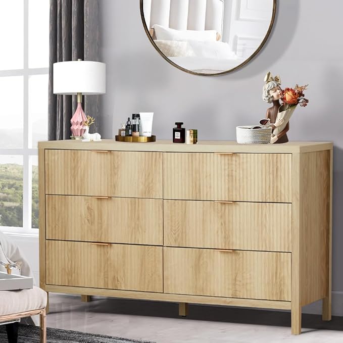 6 Drawer Dresser Cabinet, Long Nightstand with Drawers and Storage Cabinet, Boho Solid Wood Dresser TV Stand, Mid Century Modern Nightstand with 6 Drawer Dresser for Bedroom Closet (Natural)
