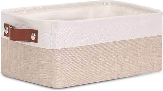 DULLEMELO Small Collapsible Fabric Basket for Organizing, Shelves, Closets, Laundry, Nursery, Decorative Gift Basket (White&Khaki)-NeatNest