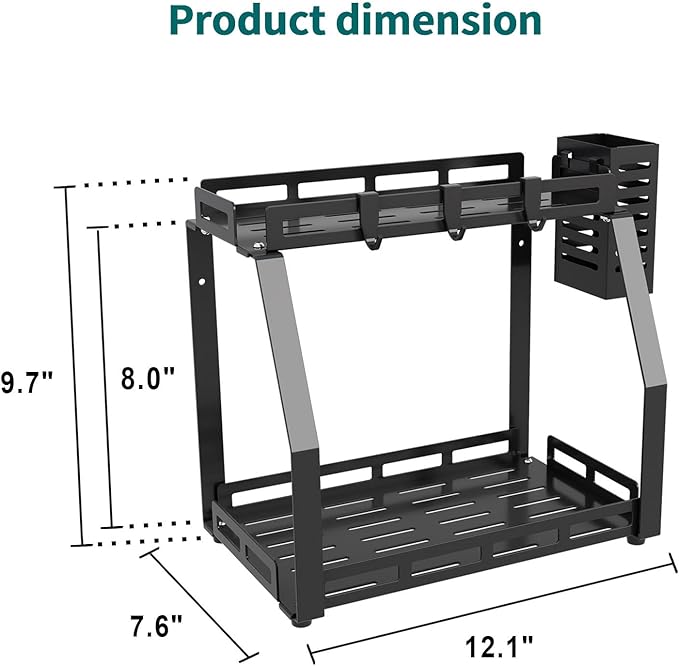junyuan Bathroom Organizer Countertop,2 Tiered Tray Stand,Perfume Organizer Shelves with Toothbrush Holders,Bathroom Counter Storage Rack with Basket and Hooks Metal Black