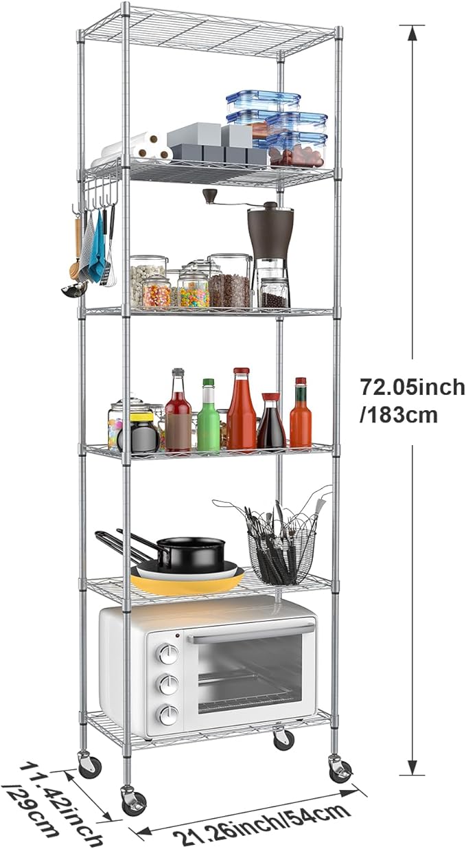 Homdox 6-Tier Storage Shelf Wire Shelving Unit Free Standing Rack Organization with Caster Wheels, Stainless Side Hooks, Silver Gray-NeatNest