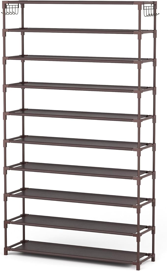 10 Tiers Shoe Rack 50 Pairs Large Capacity Tall Shoe Organizer Sturdy Shoe Storage with Two Hooks Space Saving Metal Wide Shoe Rack for Closet, Entryway, Bedroom, Brown-NeatNest