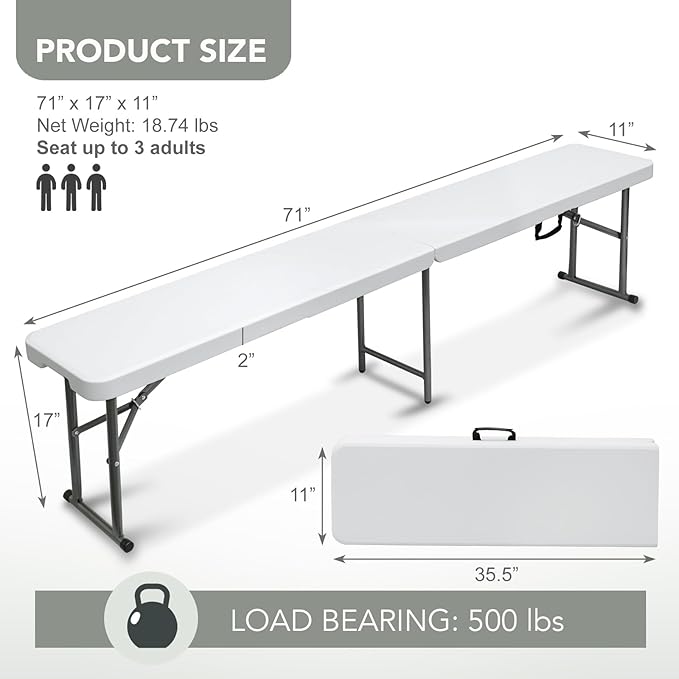 AJP Distributors 6 Foot Portable Plastic Folding Bench 6FT 72" Half Foldable Heavy Duty Seat w/Carry Handle - Indoor Outdoor Backyard Camping Picnic BBQ Party Wedding Dining Office Event Meeting White-NeatNest