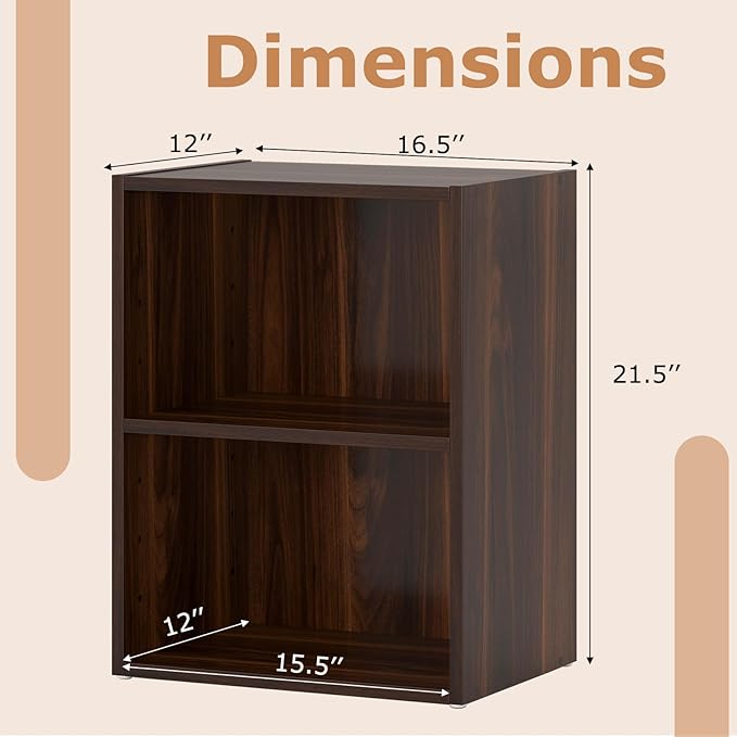 Giantex Bookshelf and Bookcase 2-Layer Storage Shelf, W/Large-Capacity Open Storage Space, MDF P2 Veneer, for Living Room Bedroom Study Office Multi-Functional Furniture Display Cabinet (Walnut, 2)