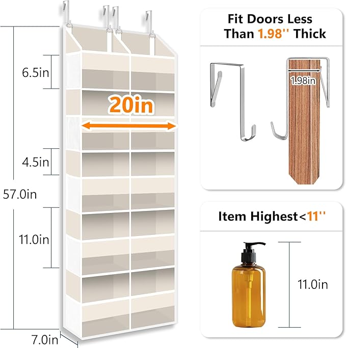 Heavy Duty Over The Door Organizer 5 Tier, Extra Large Behind Door Storage of 10 Compartments, 80 lb Weight Capacity, Hanging Hidden Doors Storage Organizer for Bathroom Closet Nursery Bedroom, Beige