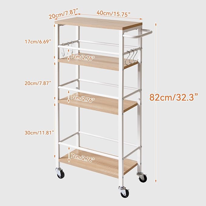 IBUYKE 7.8" Slim Rolling Cart,4 Tier Metal Kitchen Laundry Storage Cart,Industrial Narrow Utility cart,Trolley with Handle and Wooden Tabletop,for Kitchen, Living Room,Bathroom,Natural UTMJ065R