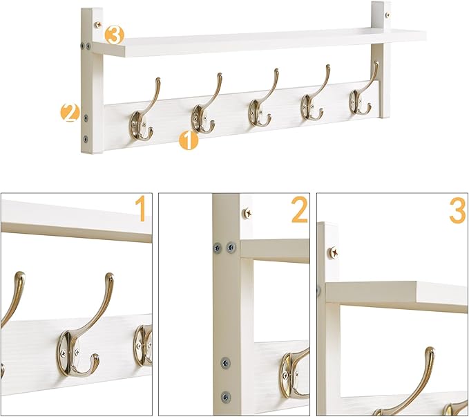 YMYNY Coat Rack Wall Mount with Shelf, 2 Pack 23.6" Coat Hooks Wall Mount, Wall Hooks for Hanging, Coat Hanger Wall Mount, Hat Rack for Wall, Towel Hooks for Bathrooms, White UHWS004W-2-NeatNest