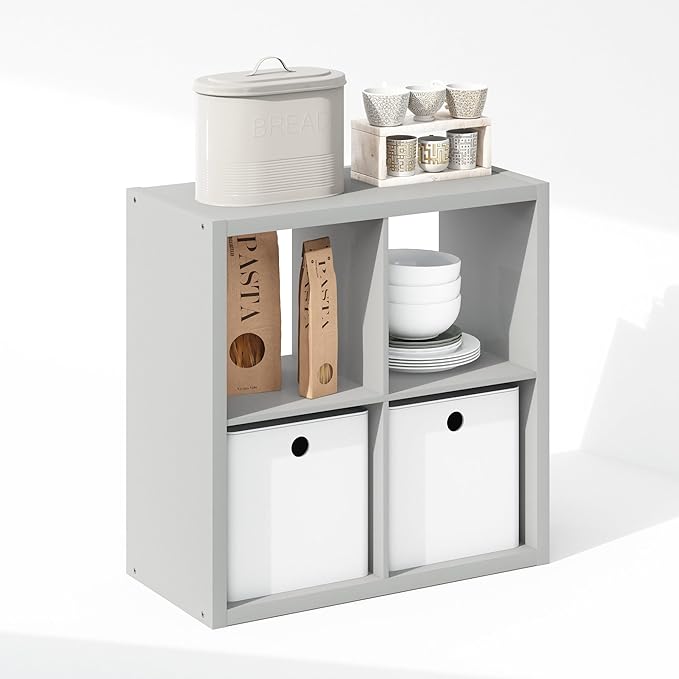 Furinno Cubic Open Back Multipurpose Clothing & Closet Storage Organizer Shelf, 4-Cube, Light Grey
