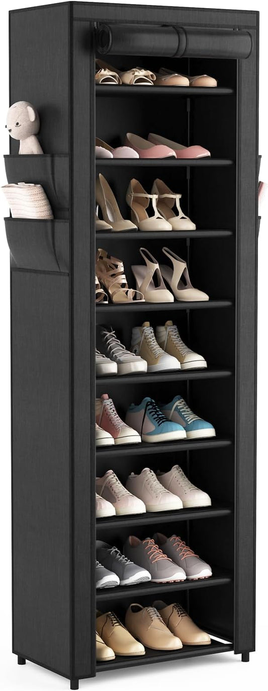 Shoe Rack with Cover Narrow Shoe Organizer with 4 Side Pockets 10 Tier Tall Shoe Storage Holds 18-22 Pairs Shoes and Boots Shoe Rack for Closet Entryway Garage-NeatNest