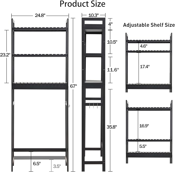 HITOMEN Over The Toilet Storage Cabinet, Bamboo Adjustable 3-Tier Above Toilet Shelf, Stable Freestanding Above Toilet Organizer with 3 Hooks for Bathroom Restroom Laundry Balcony, Black 67" H