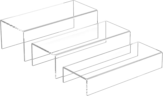 Clear Riser Display Shelf 3pcs, Desktop Rectangular Acrylic Display Shelves Storage Organizer, Acrylic Stands for Funko Pop Figure, Bags, Shoes, Spice Jars, Skincare, Cosmetics - 12-2'', 3'',-NeatNest