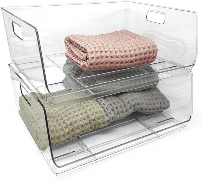 Isaac Jacobs 2-Piece (16" x 12" x 6.1") X-Large Wide Stackable Clear Storage Bins w/Open Front, Versatile Use, Set of 2, Desk, Office, Bathroom, Bedroom, Closet