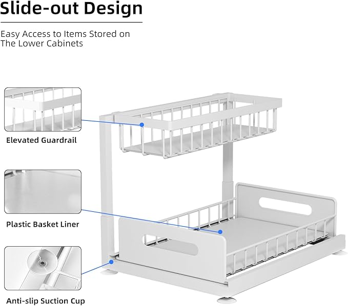 2-Tier Under Sink Slide Out Organizer, 2 Pack Pull Out Cabinet Storage Shelf with Sliding Wire Basket Drawer for Bathroom Kitchen, Countertop or Pantry Shelf, White-NeatNest