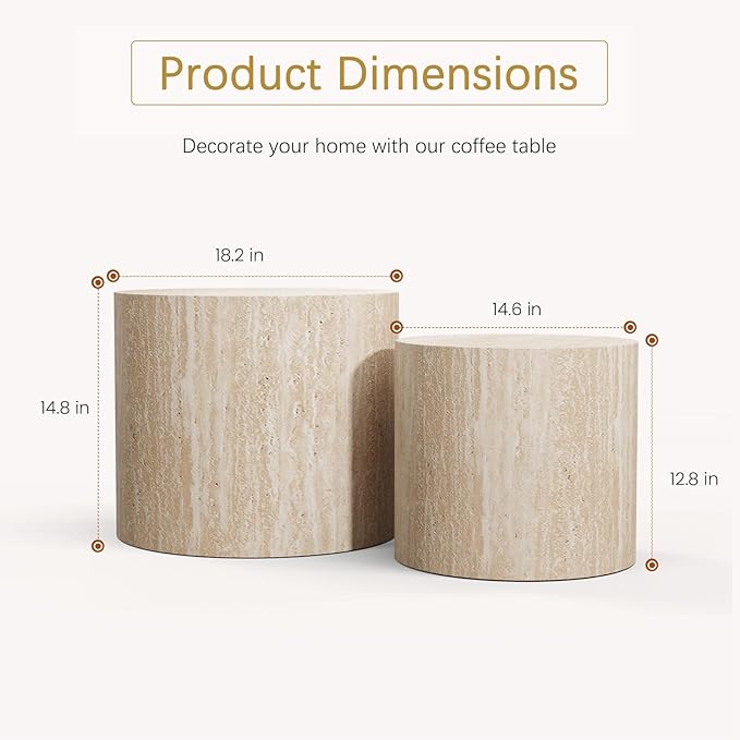 Round Coffee Table Set of 2 Modern Nesting Coffee Tables Wooden Drum Coffee Tables with Non-Slip Feet, Circle Nesting Tables End Table for Living Room Office, No Assembly (Travertine 18.11"+14.57")