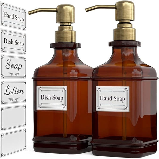 GLADPURE Soap Dispenser 2 Pack, Hand Soap Dispensers with 18 Oz Antique Design Thick Amber Glass Bottle, 316 Rust Proof Stainless Steel Pump, 6Pcs Stickers, for Lotion, Soap - Brushed Gold-NeatNest