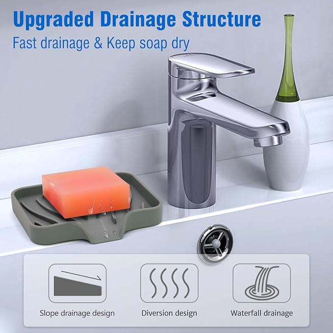 3-Pack Silicone Soap Dish Bar Soap Holder, Self Draining Soap Tray for Shower, Bathroom, Kitchen, Bathtub (Grey)-NeatNest