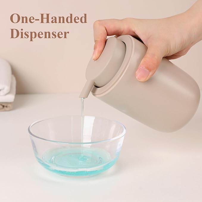 BosilunLife Khaki Soap Dispenser Set - 2 Pack 12oz Ceramic Dish Soap Dispenser with Rust Proof Pump for Kitchen, Hand Soap and Lotion Set Suitable for Farmhouse Bathroom Decor with Waterproof Labels-NeatNest