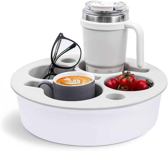 Round 7-in-1 Bed & Couch Cup Holder Tray,Waterproof Silicone Sofa and Bed Organizer Caddy,Large Capacity Couch Drink Holder Caddy for Remote Control Drinks, Snacks, Cell Phones, Headphones-NeatNest