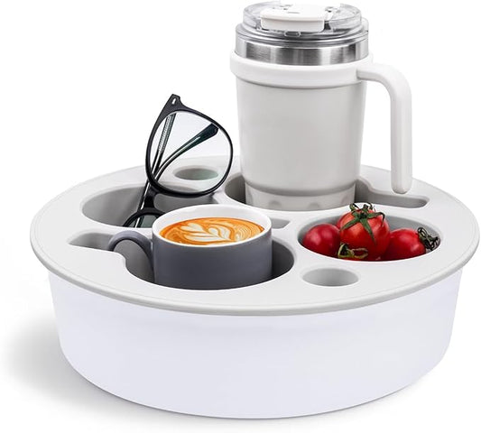 Round 7-in-1 Bed & Couch Cup Holder Tray,Waterproof Silicone Sofa and Bed Organizer Caddy,Large Capacity Couch Drink Holder Caddy for Remote Control Drinks, Snacks, Cell Phones, Headphones-NeatNest