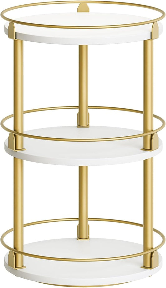 3-Tier Lazy Susan, Rotating Spice Rack, Spinning Organizer, Industrial Turntable Spice Rack for Cabinet, Kitchen Countertop, Pantry, White and Gold SR23DW-NeatNest