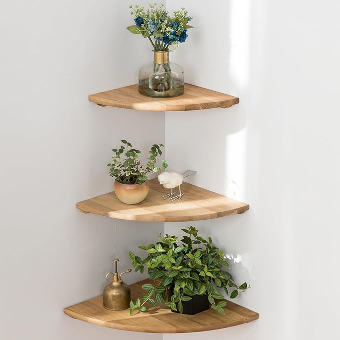 Corner Shelves, Floating Corner Shelf, Set of 3 Solid Oak Wood Corner Wall Shelves, Round End with Wire Hole Shelving for Small Plant for Bedroom Kitchen, Living Room (Size 9/10/12in)-NeatNest