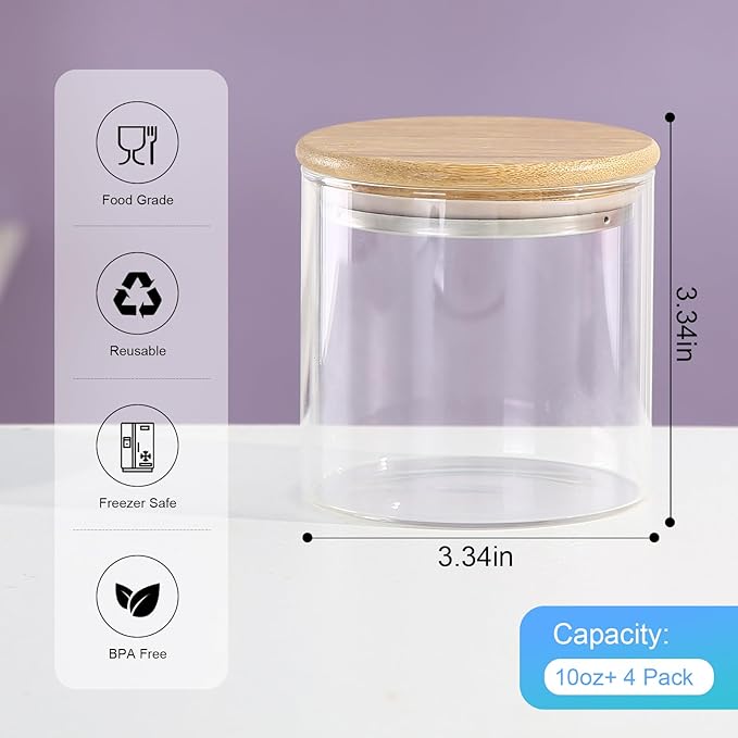 4 Pack Overnight Oats Containers with Bamboo Lids,10 Oz Glass Jars with Airtight Lids for Oats, Cereal, Yogurt, Chia Seed Pudding.Salad Jars Meal Prep