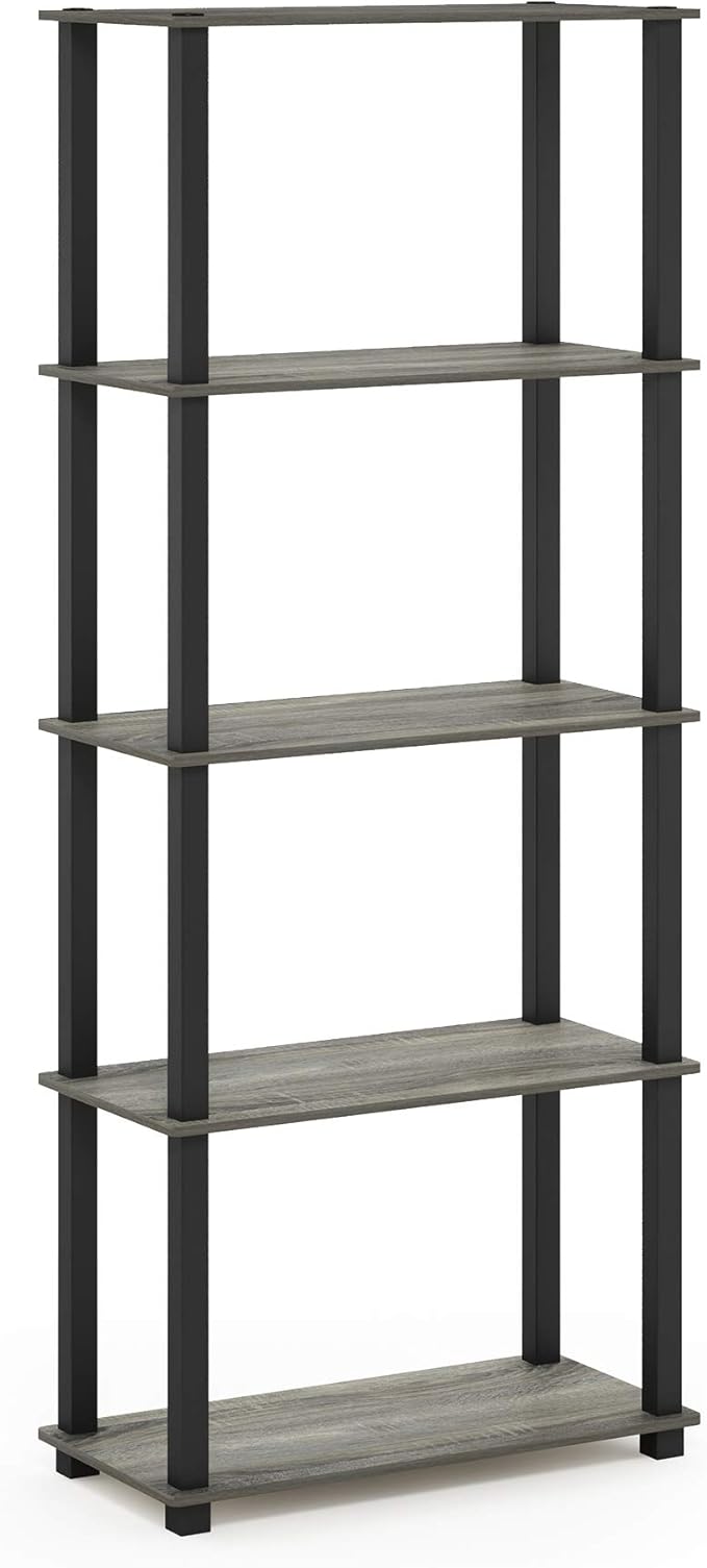 Furinno Turn-N-Tube 5-Tier Multipurpose Shelf / Display Rack / Storage Shelf / Bookshelf, Square Tubes, French Oak Grey/Black-NeatNest