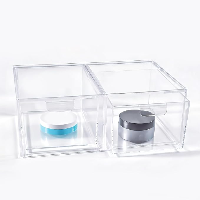 2 Pack Clear Stackable Makeup Organizer, Acrylic Bathroom Storage Drawers with Handles for Vanity, Kitchen Cabinets, Undersink, Pantry, Home Organization and Storage-NeatNest